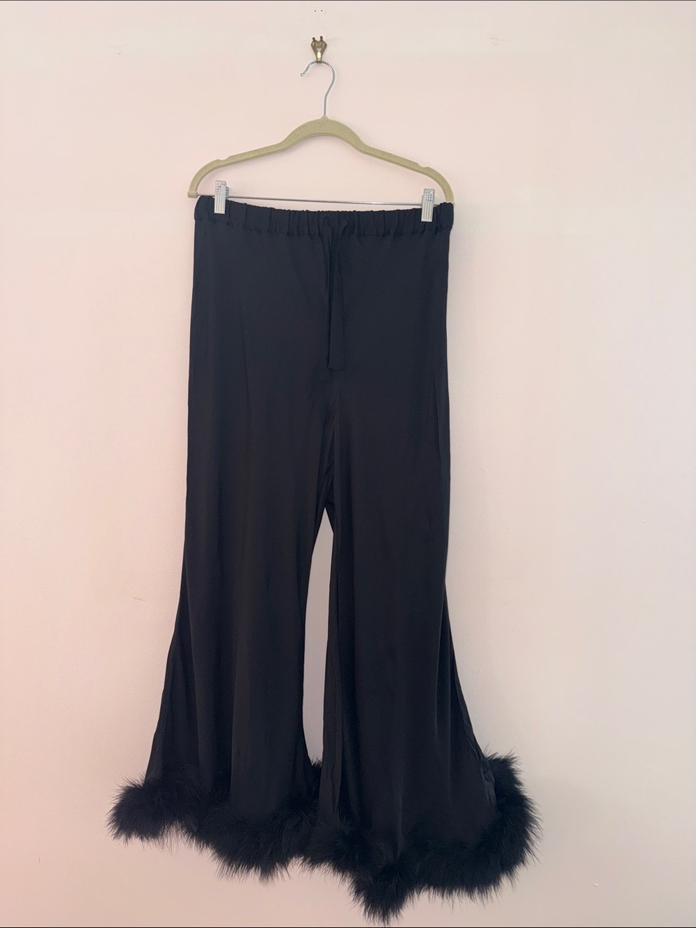Sleeper Black Wide-Leg Pants with Faux-Fur Trim